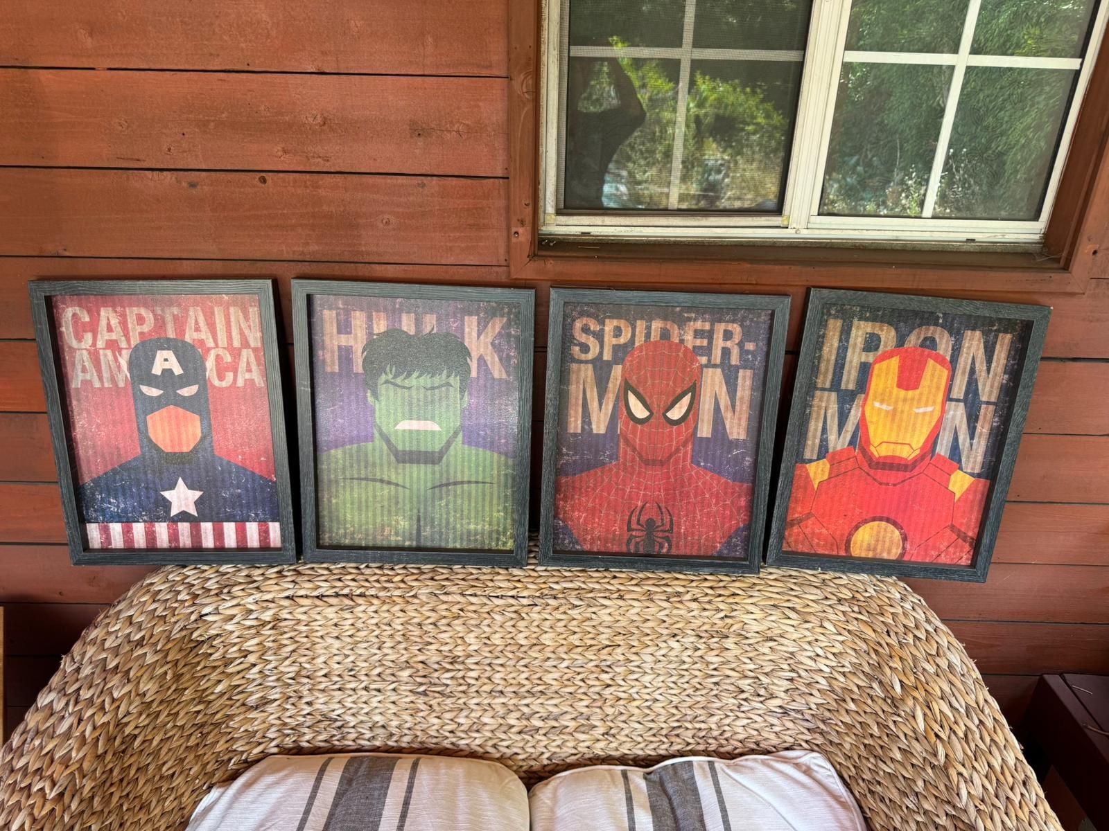 4 Superhero pictures on wooden board wall decor $15 for one, $50 for all four