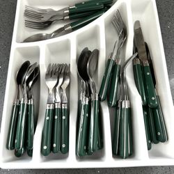Stainless Steel Cutlery Flatware Green Handle With Utensil Holder Drawer Pier One 