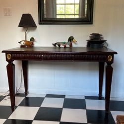 Antique French Solid Mahogany Wood, Gold Tooled Leather Top Desk