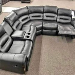 Recliner sofa Black leather sectional couch with cup holder 