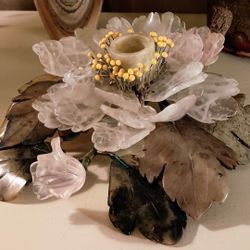 Carved Jade & Rose Quartz Floral Centerpiece.