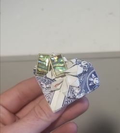 Abalone Shell Rectangle Stud Earrings Gold Tone