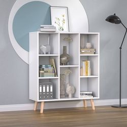 White Small Bookshelf, Wood 8 Cube Storage Organizer Book Shelves with Legs, Freestanding Open Shelf Modern Bookcase for Bedroom, Office, Living Room