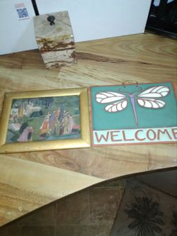 Antique picture and clay fired welcome sign