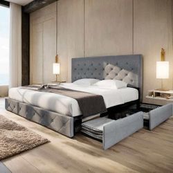 King Size Upholstered Bed Frame with 4 Drawers Storage and Headboard with Wood Slat Support, No Box Spring Needed, Grey