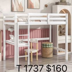 Twin Size Loft Bed with Built-in Desk, Solid Loft Bed Frame Compatible with Teens Adults (Twin Size, White)(1737)
