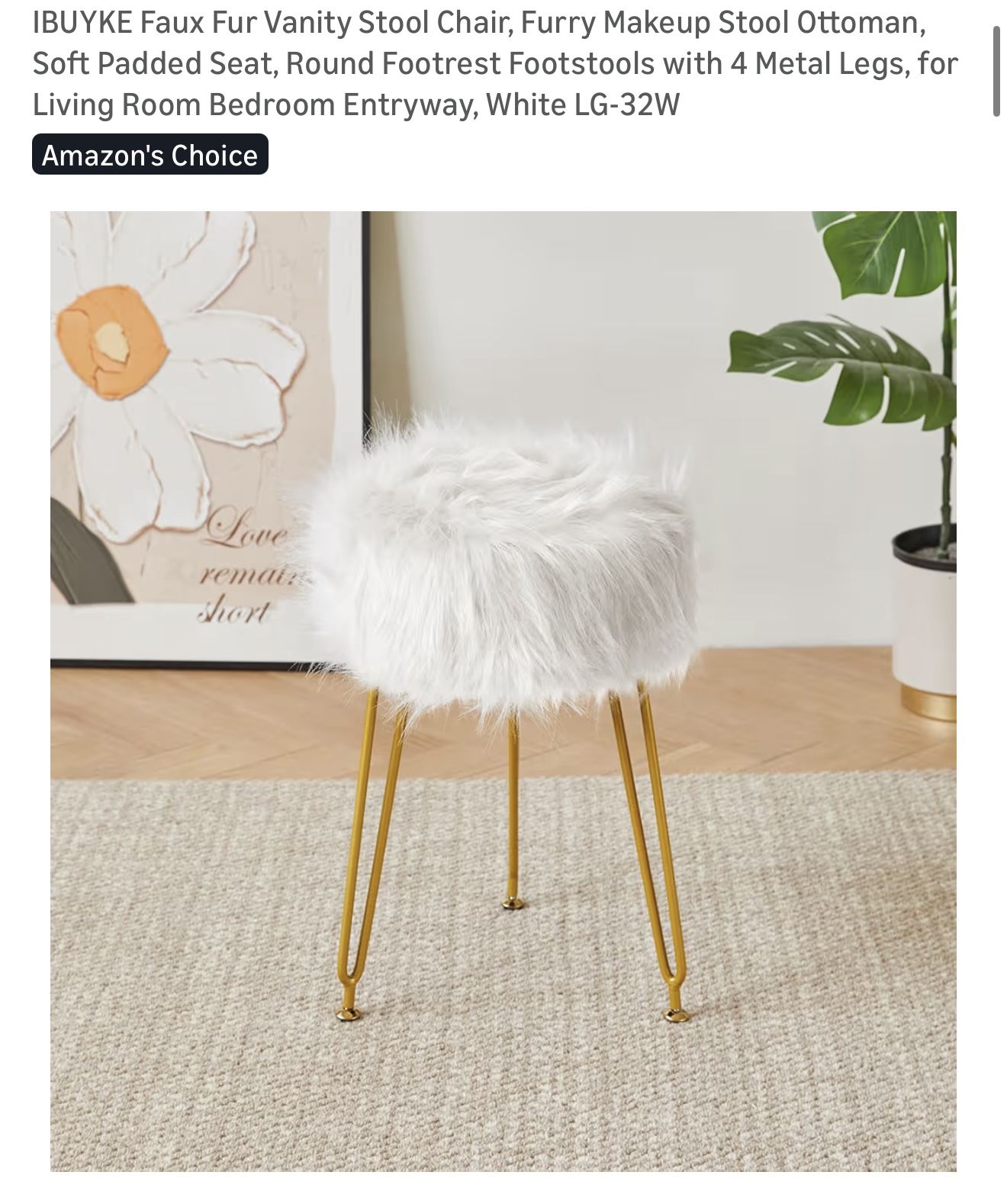 White Faux Fur Stool w/ Gold Legs