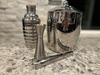 Stainless Steel Barware Set - Ice Bucket, Cocktail Shaker, Jigger, and Tongs