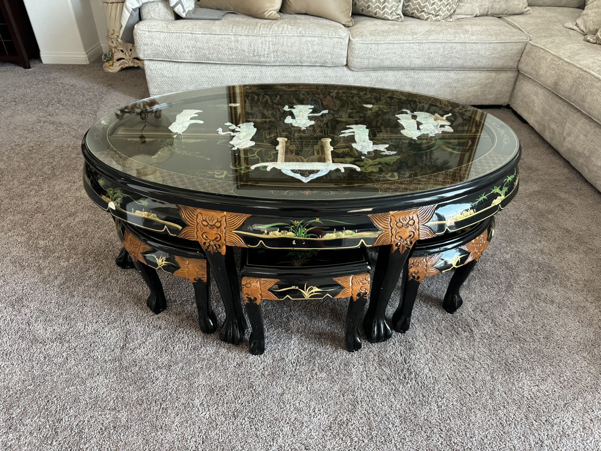 Chinese Black Lacquer Mother of Pearl Oval Nesting Coffee Table Set 6 Stools with Glass on top