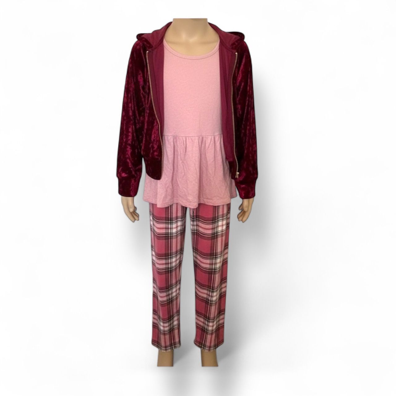 Girls Size 12 3-Piece Lounge Set – Crushed Velvet Jacket, Peplum Tank & Plaid Pants