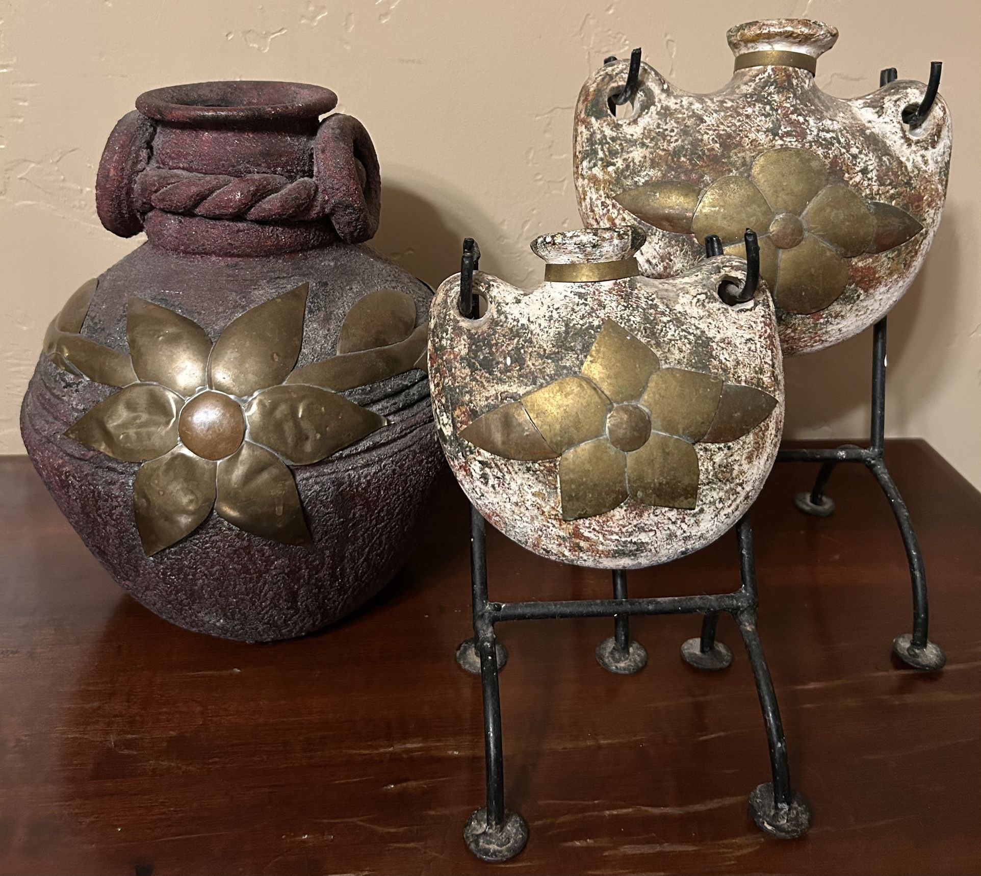Decorative Mexican Vases with Metal Flower Design