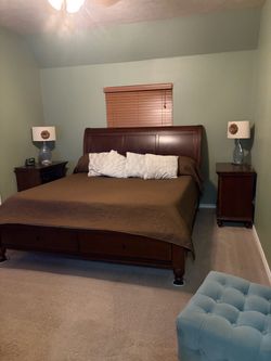 Cherry Wood Sleigh Bed with Storage with Bassett Dresser, Mirror