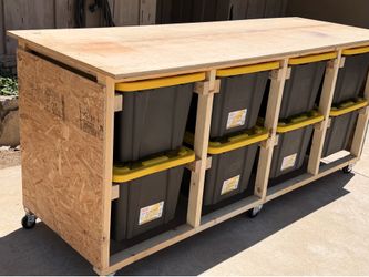 Heavy-duty rolling workbench, garage storage, tote bin organizer.