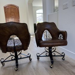 Vintage 70s Douglas Furniture of California leather accent  armchair swivel chair with wrought iron scrolled swivel on casters wheels
