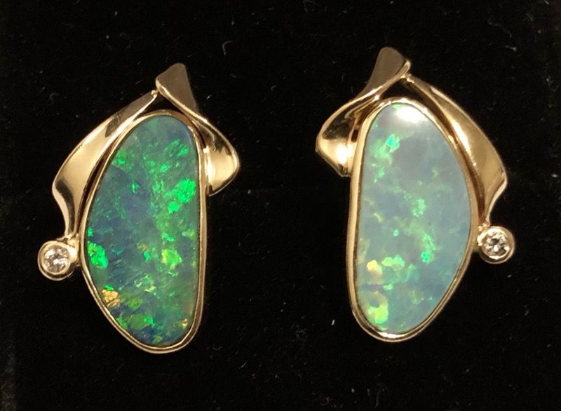 14k yellow gold natural Black Opal & Diamond earrings