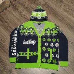 Seattle Seahawks Christmas Button-ups Sweater With Pockets And Beanie... Yes They're Available