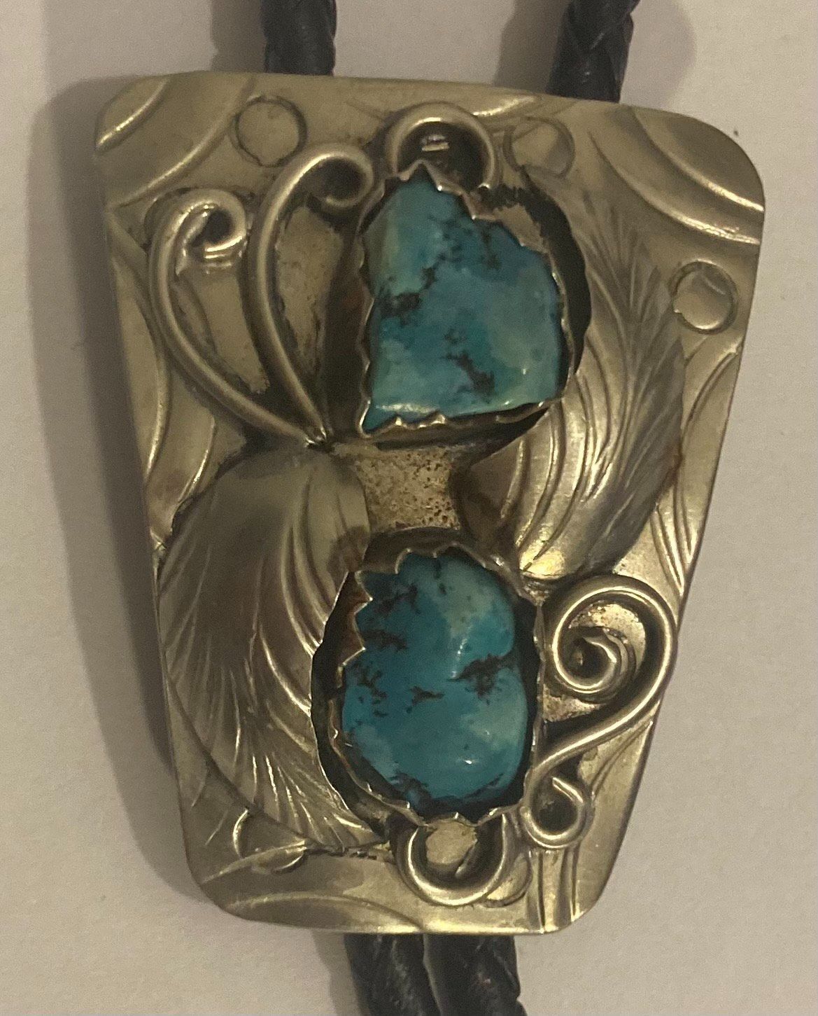 Vintage Metal Bolo Tie, Silver with 2 Nice Blue Turquoise Stones Design, Nice Western Design, 1 3/4" x 1 1/2", Quality, Heavy Duty, Made in USA, Count