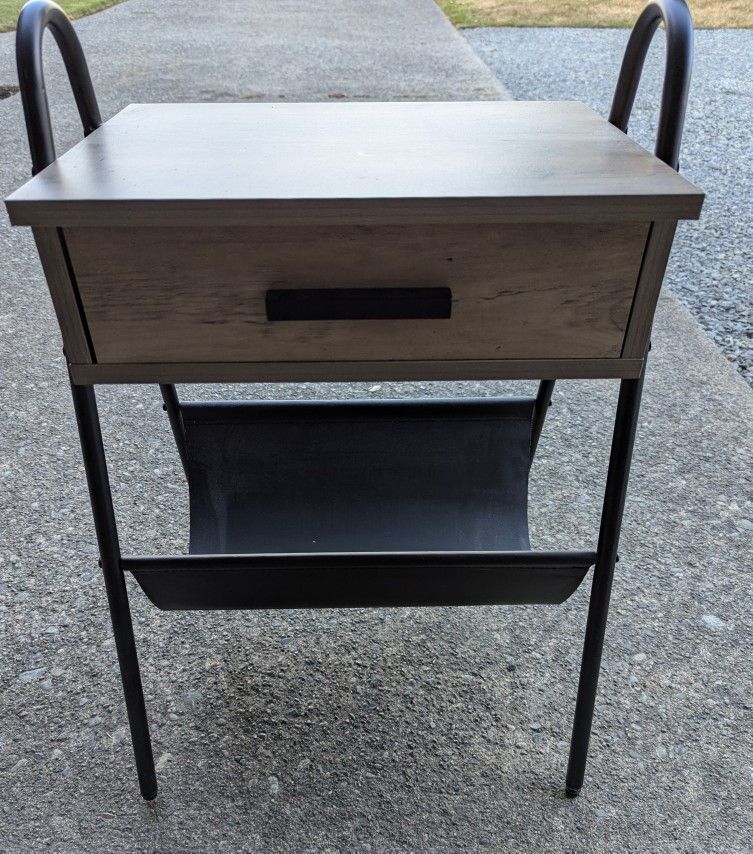 LIKE NEW!! Modern, Metal Nightstand with Drawer and Leather Storage Rack | 16" Wide