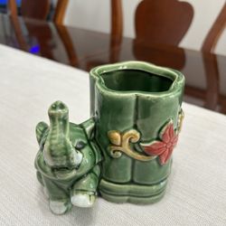 Vintage Elephant Pencil Holder or Planter / 1970s Green Lucky Elephant Kitchy Ceramic Decor