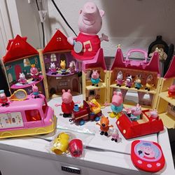 Peppa Pig toys set. Good Condition.  Castles,  train, car, Talking peppas with dress and shoes.  some action figures,  ice cream car, and one talking 