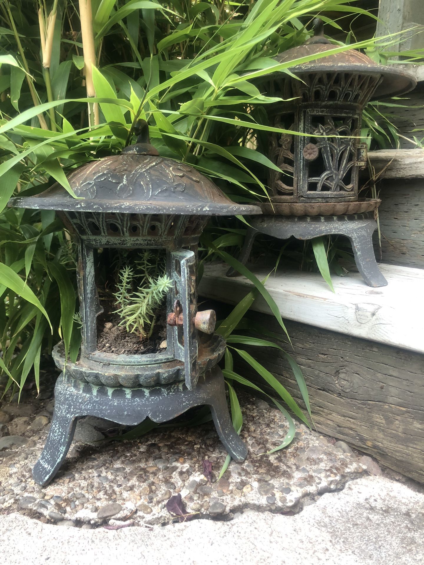 Antique/Vintage Chinese Cast Iron Pagoda Garden Lantern Tea Light Candle Holder
