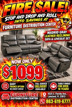 Madrid, gray leather reclining sofa and loveseat set now only $1099. Easy finance option and full service delivery available.