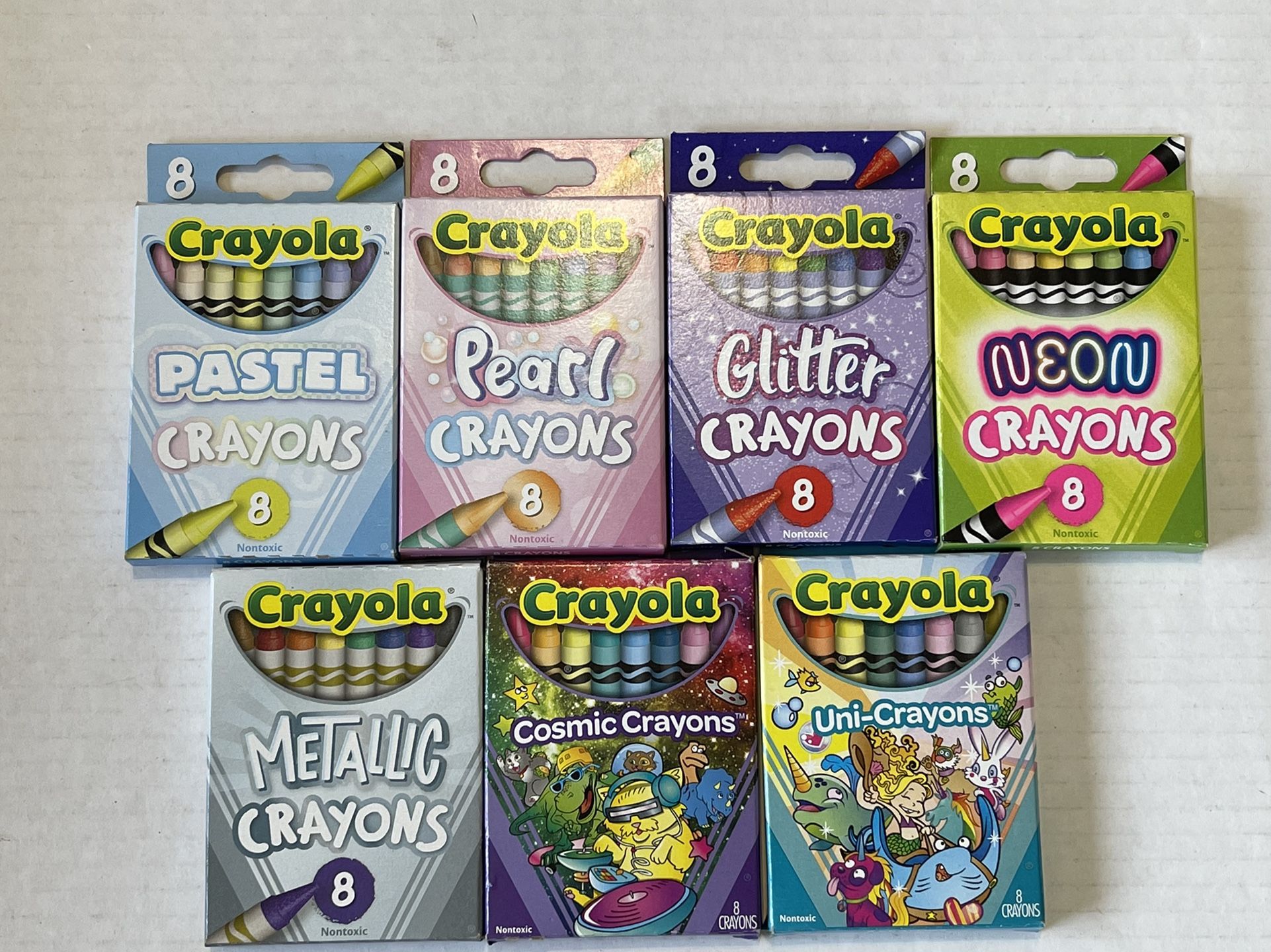 NEW 7 boxes of Crayola crayons ~  pastel, pearl, glitter, neon, metallic, cosmic & uni-crayons