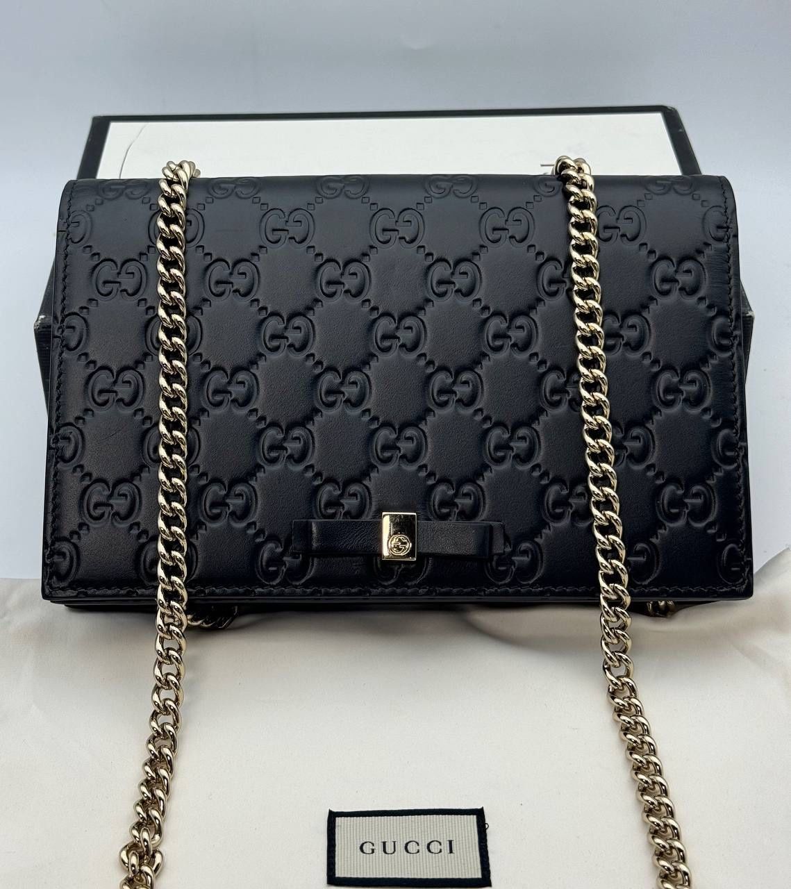 Gucci Wallet Chain Crossbody Shoulder Bag Guccisima Leather Black Gold Box Dust Bag Receipt