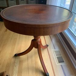 Vintage Leather-Top Round Drum Table – 28” Diameter – Drawer, Very Sturdy