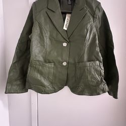 New MetroStyle Women Green Leather Jacket Blazer Size 14P Button Front