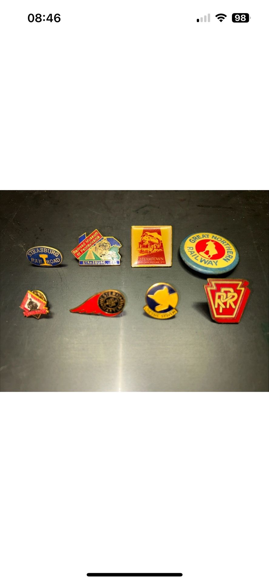 8 Vintage Railroad Lapel Pins. All Different. Enamel And Others Nice Condition. Preowned.