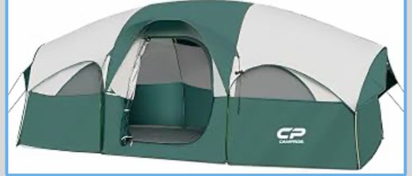 8 Person Camping Tent, Room Divider, Rainfly, Weather Resistant Family tent with 5 large mesh windows, double-layer design, and a carry bag, 14' x 9'