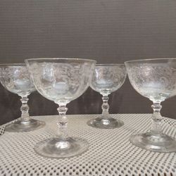 Fostoria Navarre Clear Etched Low Sherbet Glasses 4-3/8"H  Set of 4 