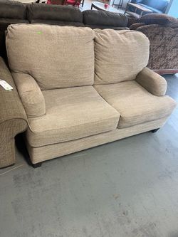 Tan grey fluffy loveseat sofa (in store)