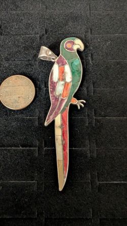 Peruvian vintage multi-stone mosaic inlay parrot pendant crafted from high-purity 950 silver 9 grams