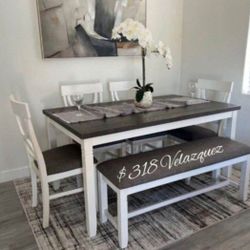 ✅️✅️(6 pc white&grey   finish wood dining table set grey padded seat chairs and bench✅️✅️
