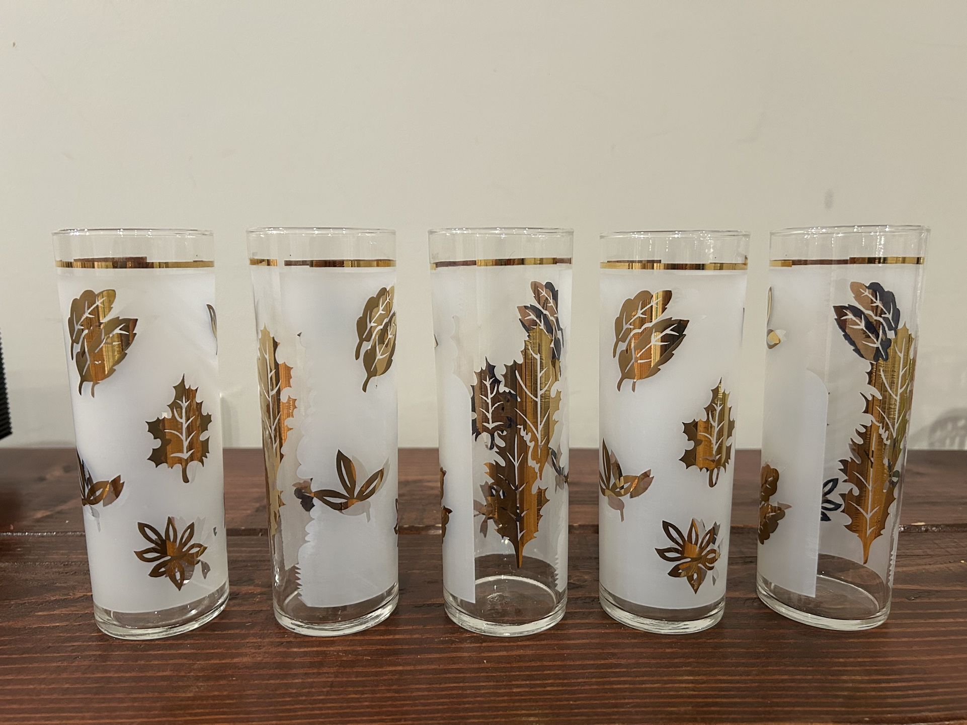 Libbey Tom Collins Gold Leaves Frosted 7” Highball Cocktail Glass Vintage Set