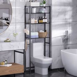 4 Tier Over The Toilet Storage Rack, Bathroom Organizer Shelves Cabinet Above Toilet, with Adjustable Height Freestanding Shelf Space Saver, Black