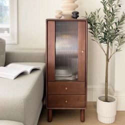 Solid Wood Storage Cabinet With Glass Door, 2 Shelves, 2 Drawers & Brass Handle