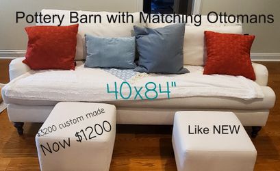 Off White Pottery Barn Couch, Custom Made, Medium Wood Legs With Matching Ottomans 
