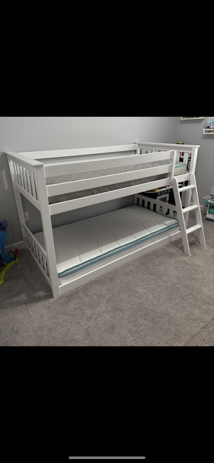 Twin Over Twin Low Bunk Bed with Ladder, Wooden Bunk beds