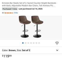 Set of 2 Adjustable Swivel Bar Stools – Brown – Like New