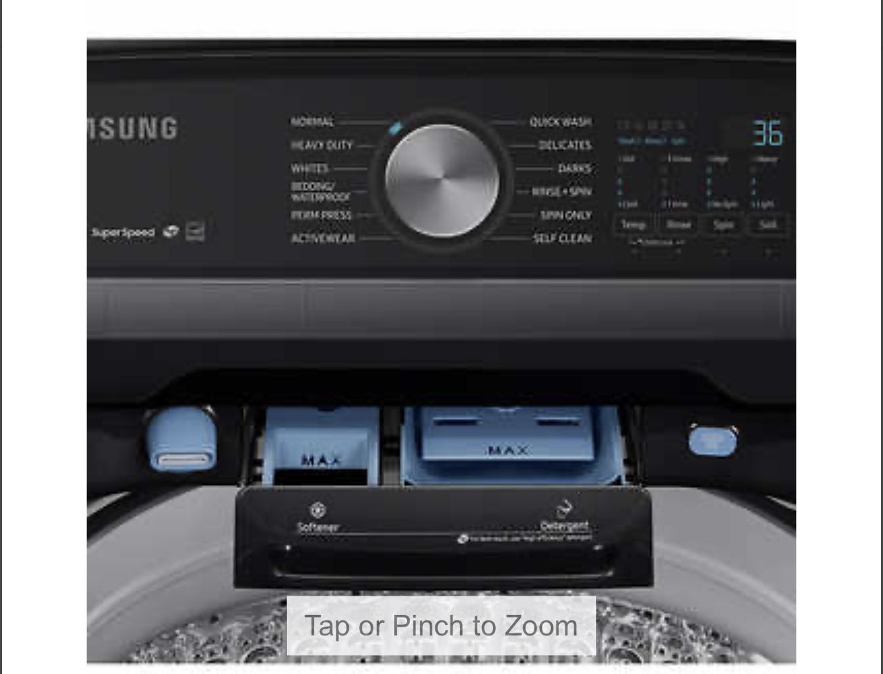 Samsung 5.0CuFt Top Load Washer with Super Speed and 7.4CuFt ELECTRIC Dryer with Steam Sanitize+