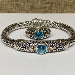 SAMUEL BENHAM (BJC) 925 Sterling Silver And 18K Gold & Blue Topaz Wheat Link Bracelet And Ring Set!!!