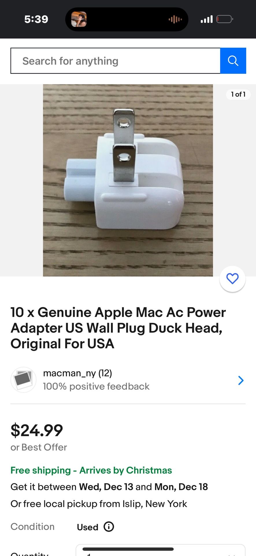 10 x Genuine Apple Mac Ac Power Adapter US Wall Plug Duck Head, Original For USA