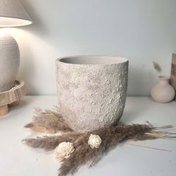9" tall Minimalist Hand-Painted & Textured Planter Pot with drainage hole - Cream Sand wash