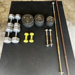 Weights, dumbells, threaded curl bar, long bar