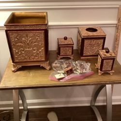 Springs Global Ornate Wastebasket Toothbrush Tissue Bathroom Set Bronze BurgundySprings PLUS 12 shower curtain hooks! HEAVY & LIKE NEW! (SEE ALL PHOTO