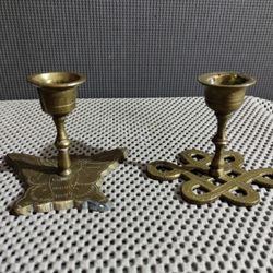 Set of 2 Antique Chinese Handmade Solid Brass Candlestick Holders