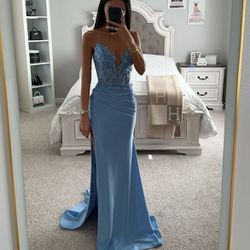 Blue Strapless V Deep Lace fitted gown